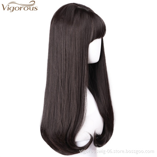 Vigorous Natural Straight Hair Wigs for Black Women Black Brown Synthetic Wigs with Blunt Bang Middle Part Heat Resistant Wig